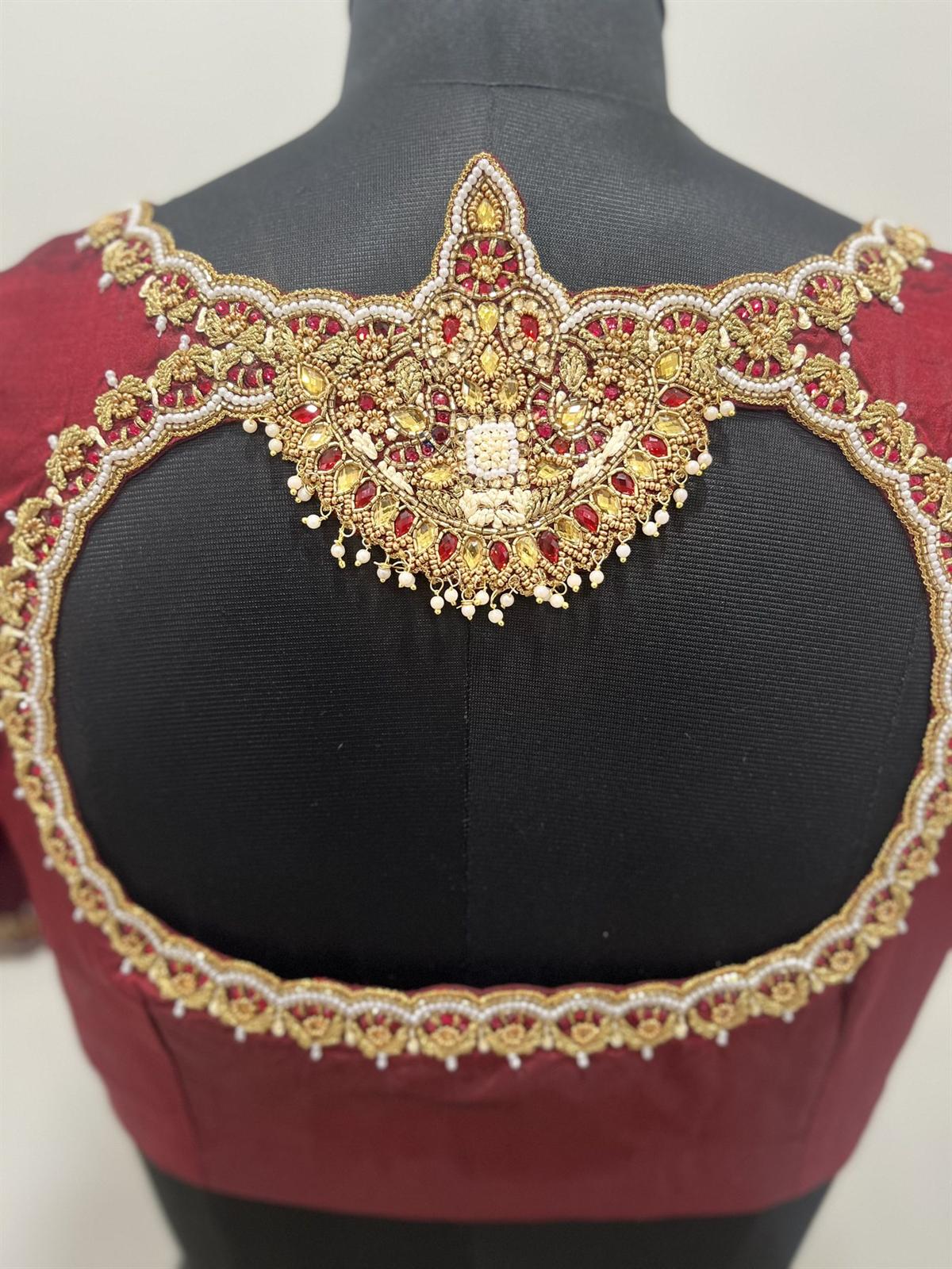 Handcrafted kundan and pearl bridal blouse embroidery by Label Sneha Archana
