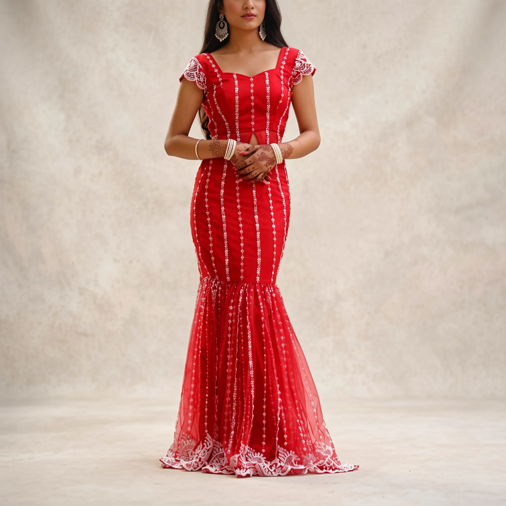 Model wearing a red fishtail gown with white embroidered stripes